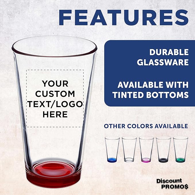 DISCOUNT PROMOS Custom Beer Pint Glasses 16 oz. Set of 10/50/100, Personalized Bulk Pack - Heavy Duty Glassware for Restaurant, Thick Base and Walls, Stackable - Red