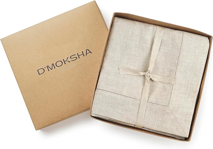 D'Moksha Homes Light Natural Linen Tablecloth 60 x 108 Inch - 100% Pure Linen Natural Table Cloth for Rectangle Tables - Classic Hemstitch, Machine Washable Tablecloth for Valentines, Spring, Easter