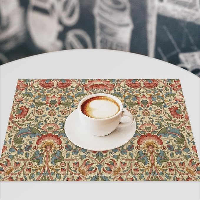 William Morris Placemat Set, Beige Blue Pink Retro Rustic Art Exotic Ethnic Lotus Floral Seamless Pattern Home Decor Linen Table Mats for Dining Room Kitchen Party (17x12in) x6P