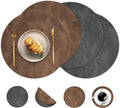 Round Placemats and Coasters Set of 4, Washable Reversible Faux Leather Placemats Cowhide Pattern Place Mats Wipeable Non-Slip 15 inch Round Kitchen Dining Table Mats (Gray Light Coffee, 4)