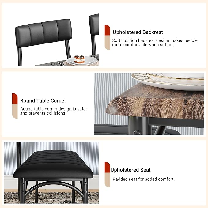 Dining Table Set for 4, Rectangular Kitchen Table and Chairs Set of 4 for Small Spaces, Modern Dining Room Table Set with Upholstered Bench and 2 Chairs, Space Saving Dining Furniture for Apartments