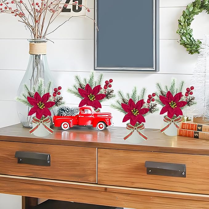 4 Pack Poinsettias Artificial Christmas Flowers, Tabletop Small Christmas Potted Flowers with Berries Pinecones Mini Christmas Tree for Table Centerpiece Home Office Garden Party Decor