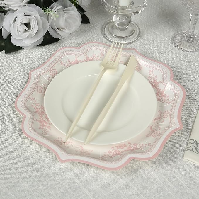 50 Pack 8" White Pink French Toile Dessert Plates, Disposable Round Paper Floral Pattern Appetizer Salad Plates 300 GSM for Party Decoration