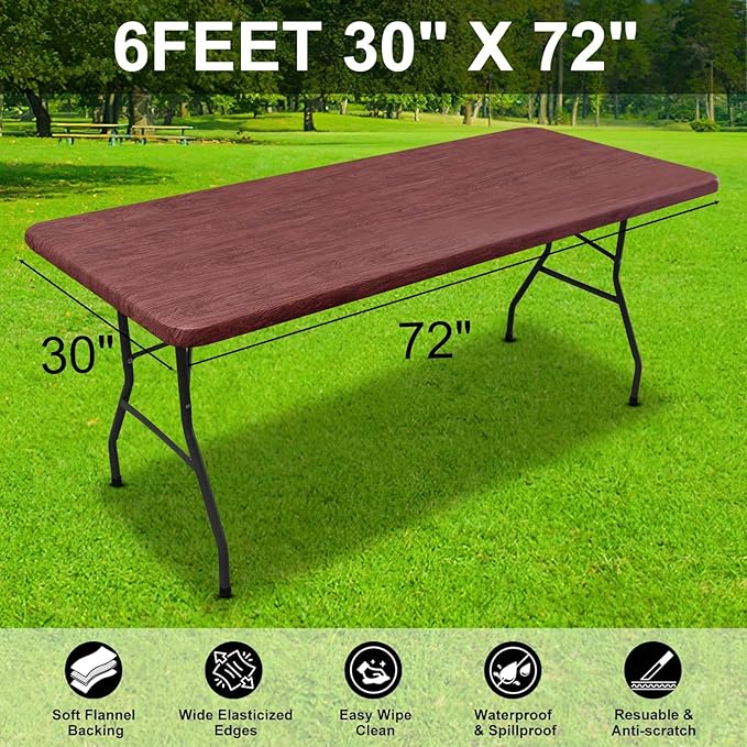 Smiry Rectangle Table Cloth Cover, Waterproof Elastic Fitted Picnic Tablecloth for 6 Foot Tables, Wipeable Flannel Backed Vinyl Tablecloths for Camping, Dining, Outdoor (Reddish Brown, 30" x 72")