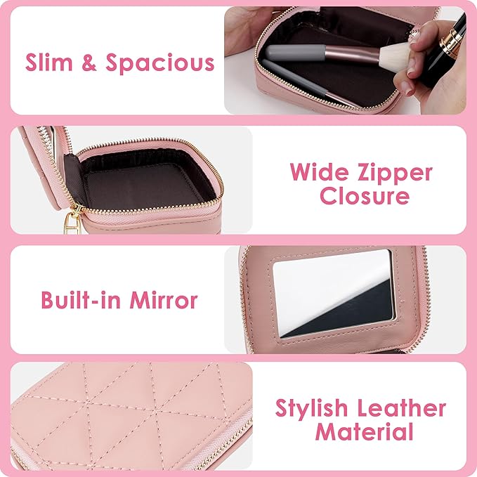 Lipstick Holder with Mirror for Purse, Genuine Leather Makeup Case, Compact Zippered Travel Cosmetic Organizer, Pink