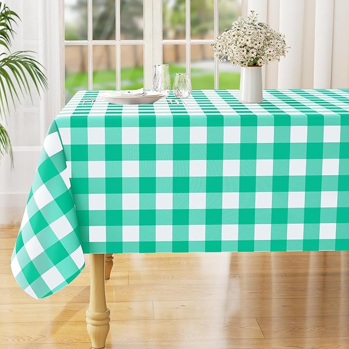 misaya Rectangle Waterproof Vinyl Table Cloth, Buffalo Flannel Backed Tablecloth, Wipeable Plastic Table Cover for Dinner, Kitchen, Outdoor (54" x 120", Green and White)