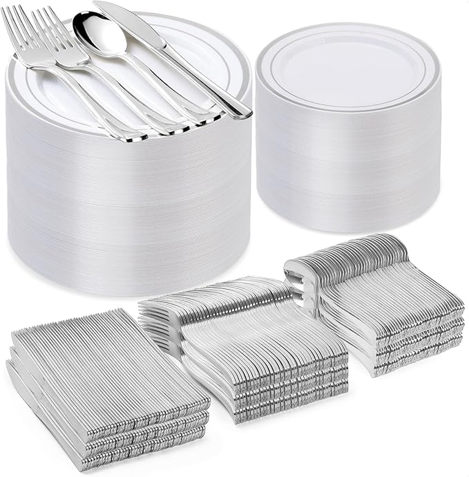 BESTVIP 600PCS Silver Plastic Plate Set (100 Guests), Disposable Plates for Party Wedding Birthday, Dinnerware Set of 200 Plastic Plates, 200 Forks, 100 Spoons, 100 Knives for Christmas