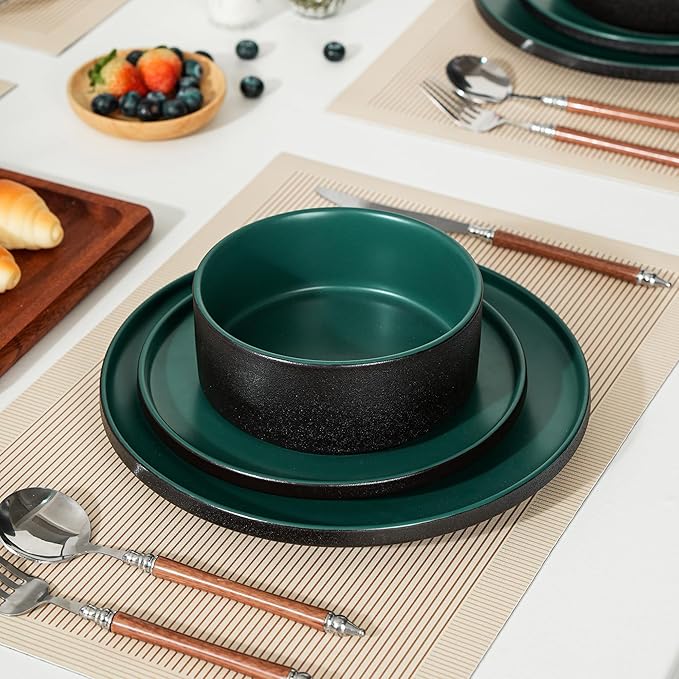 24 Piece Ceramic Dinnerware Set for 8, Modern Minimalist Stoneware Dinner Plates and Bowls, Microwave Safe, Dishwasher Safe, Versatile for All Seasons, Matte Green