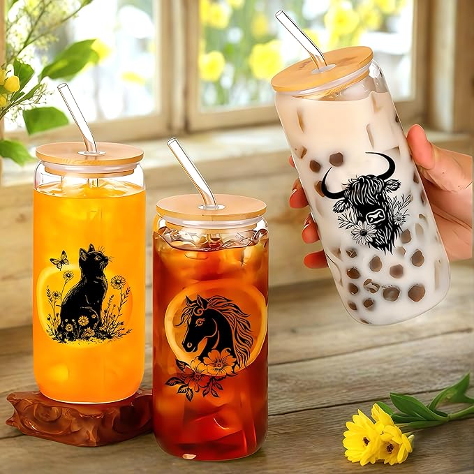 Cute Highland Cow Glass Cup With Lids And Straws, Highland Cow Gift For Women, Iced, Coffee, Smoothie, Cocktail, Beer, Whiskey, Soda, Matcha,16 Oz, Home Office Table Desk Decoration!