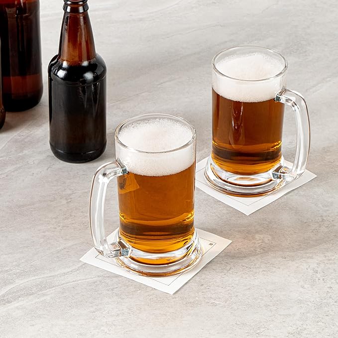 Restaurantware-Vetri 16 Ounce Beer Mugs, 6 Dishwashable Beer Glasses With Handle - No-Lead, Heavy Base, Clear Glass Large Stiens, For Pubs, Bars, Restaurants, Home, Hotel, Or Hosting Parties