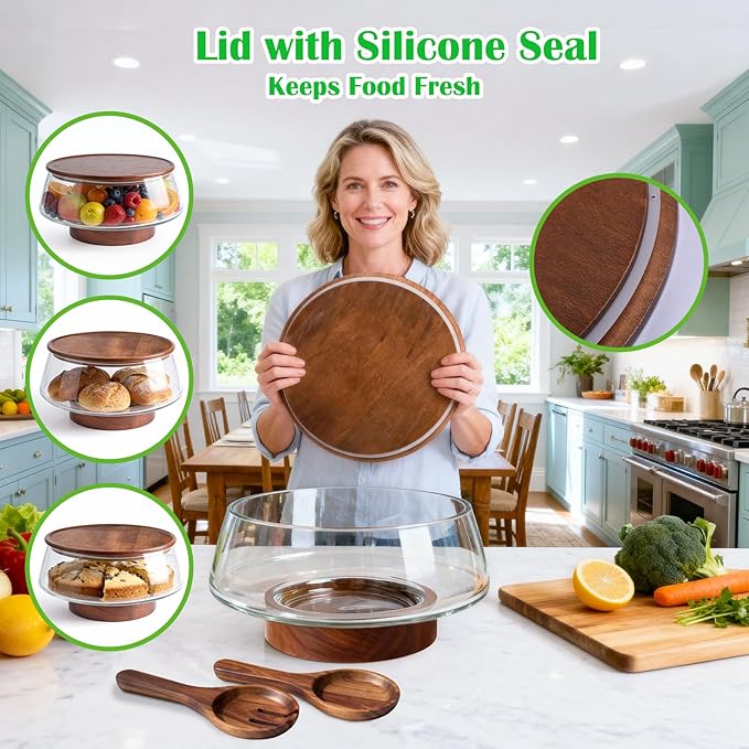 Extra Large Glass Salad Bowl with Lid Set, 5-Qt (160 fl oz) Mixing/Serving Bowl with Wood Base & Salad Servers, Trifle Bowl for Kitchen, Parties & Christmas