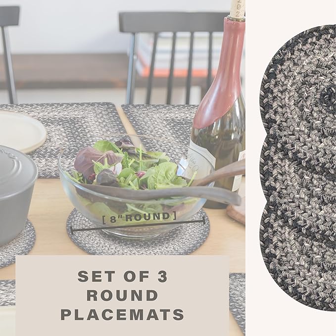 Homespice Flint Hill Jute Braided Trivets for Table, Warm Primitive Decor, Set of 3, Grey 8" Round Heat Resistant Mat - Rich Colors, Easy to Clean, Durable and Protects Furniture