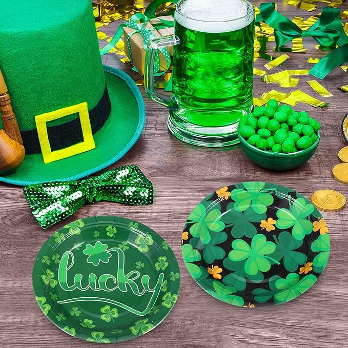 Umigy 120 Pieces 7 Inch St. Patrick's Day Party Plates Green Shamrocks Dinnerware Happy Lucky Disposable Paper Dessert Plates for St Patrick's Day Party Decorations Supplies, 6 Styles