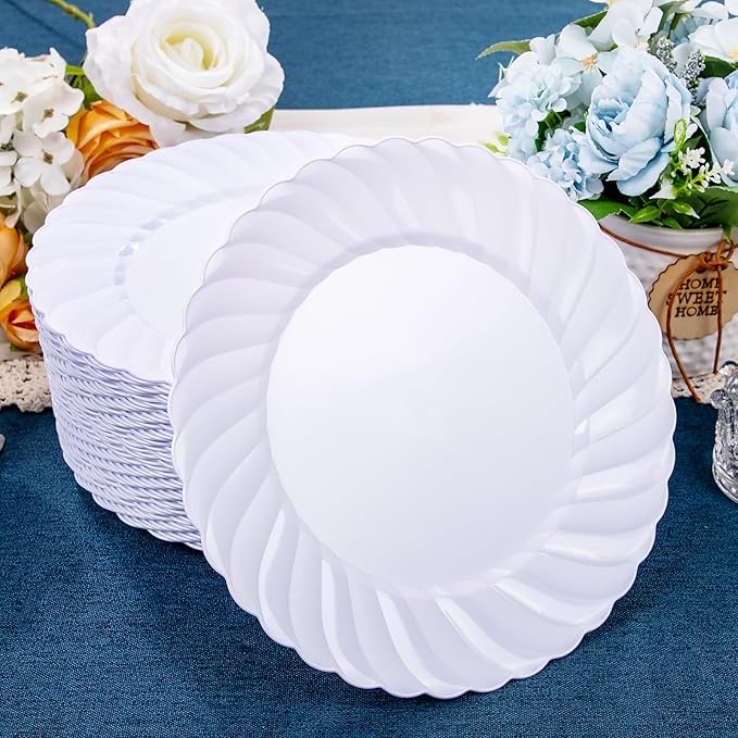 U-QE 60 Pieces White Plastic Plates - 9 Inch White Disposable Plates - Washable & Reusable - Premium Hard Plates - Party Supplies for Birthdays, Celebrations, Travel, Wedding, Party and Events