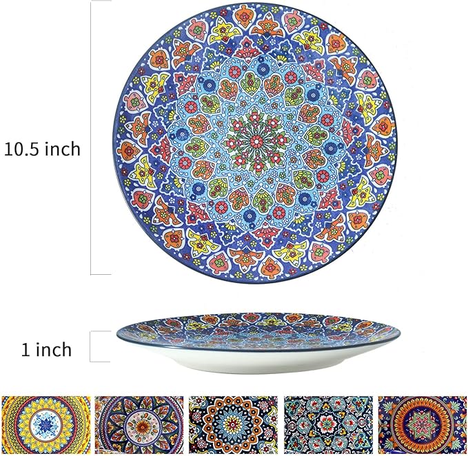 glowworm Dinner Plates, 10.5 Inch Ceramic Plates Set of 6 for Steak, Snacks, Pizza, Cake, Colorful Serving Dishes for Kitchen, Housewarming Gift, Microwave, Oven & Dishwasher Safe, Bohemian
