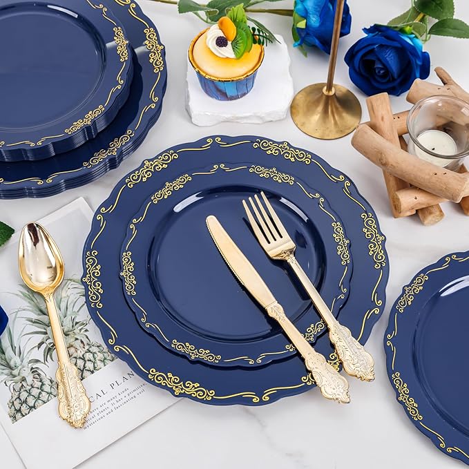 DaYammi 150Pcs Blue Plastic Plates Heavy Duty Navy Blue Disposable Plates with Gold Plastic Silverware include 30 Dinner Plate,30 Dessert Plate,90 Gold Silverware Set,blue plates for Party Dinner