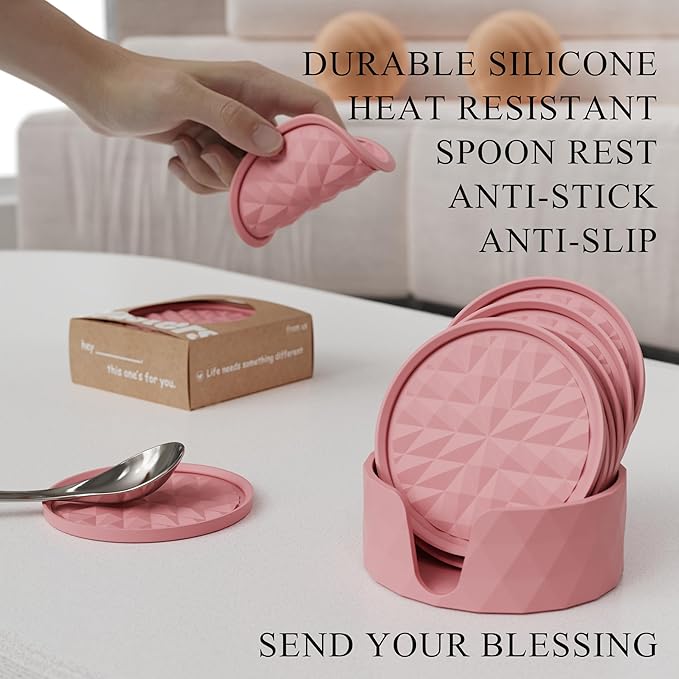 Silicone Coasters for Drinks[6 Pack, Soft Pink] Diamond Design Cup Mat with Holder for Tabletop Protection Non Slip, Non Stick, Coffee Table Decor, Great Gift for Any Occasion