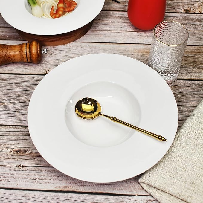 Ceramic Wide Rimmed Soup Plate, Soup Bowl 9 oz, Pasta Bowl Set of 4, White Shallow Bowl Plate with Rim, Best choice for high-end restaurants, hotels, and foodies, 10.85 Inch