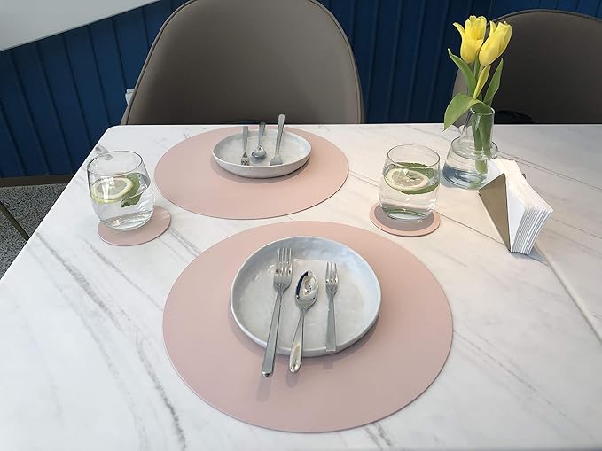 Round Table Placemats and Coasters, Vinyl Faux Leahter Coffee Mats Kitchen Mats, Waterproof, Easy to Wipe Off for Kitchen Dining Round Table