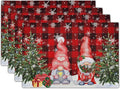 Giwawa Winter Gnomes Placemats Set of 4, Christmas Snowflakes Xmas Trees Linen Table Mats, Red Black Buffalo Plaids Non-Slip Place Mats for Kitchen Dining Holiday Decor, 12x18 Inch