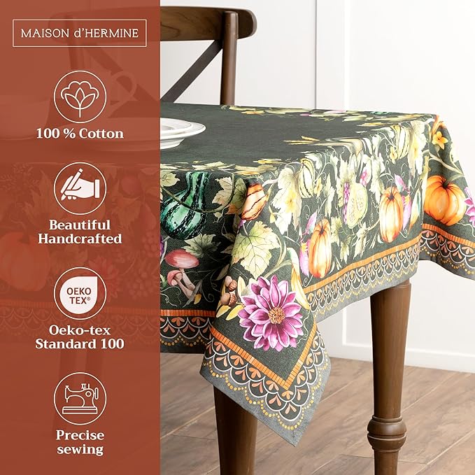 Maison d' Hermine Table Cloth Square Table 100% Cotton 60 x 60 Inches Fall Tablecloth Reusable Everyday Use for Thanksgiving Christmas Decorations Dining Farmhouse Party (Pumpkin Garden - Dark Green)