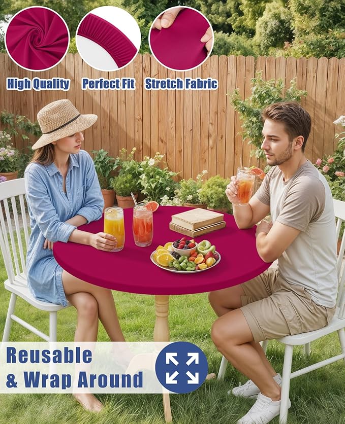 Round Spandex Tablecloth, Elastic Fitted Waterproof Tablecloths for 57"-68" Tables, Stretch Washable Picnic Table Cover for Camping, Dining, Indoor and Outdoor, Fuchsia