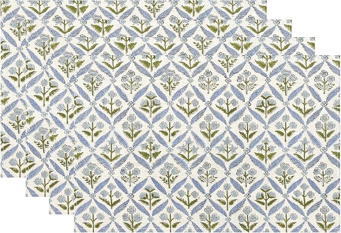 Block Print Floral Placemats 12x18 Inches Set of 4, Boho Blue Flower Decorative Modern Rectangle Table Mats for Party, Home Kitchen,Dining Table Decoration