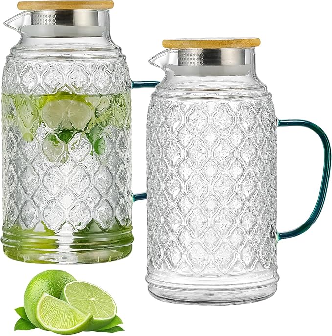 2 PACK Glass Pitcher with Bamboo Lid, 68 oz/2L Vintage Water Pitcher, Clear Borosilicate Glass Water Carafe for Cold Brew, Coffee, Lemonade, Iced Sun Tea,Beverage, Heat Resistant Water Glass Jug