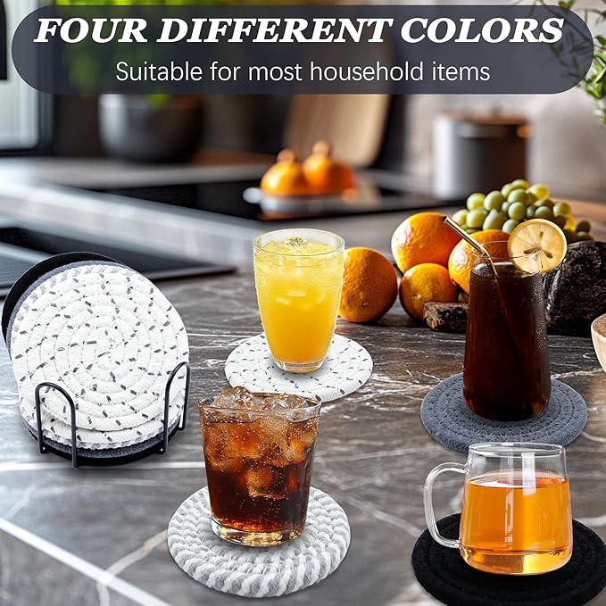 8 Pcs Drink Coasters, Minimalist Cotton Woven Coaster Set, 4 Colors Absorbent Coaster Protection Protection for Various Cups, Ideal for Coffee Tables and Home Decor Tabletop, 4.3 Inches