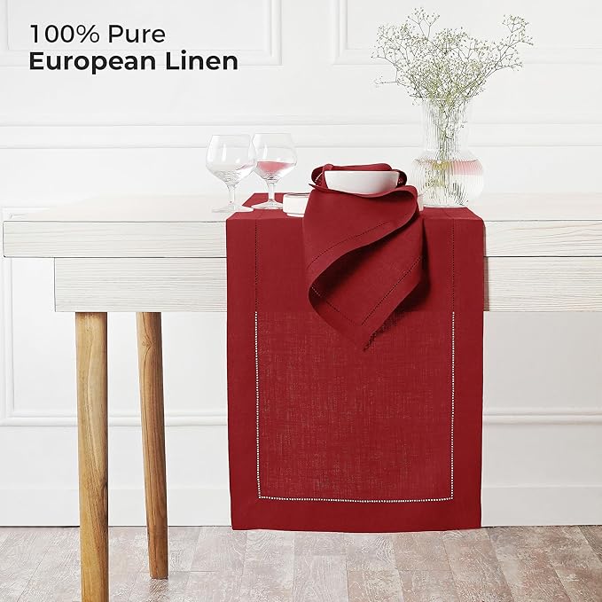 D'Moksha Homes Linen Red Table Runner 120 Inches Long - 100% Pure Linen Hemstitch 14 x 120 Inch Table Runner for Dining, Valentines, Spring - Classic Hemstitch