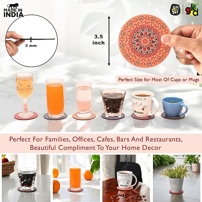 GKD Coaster Set of 6 Beautiful Wooden Coasters with Proper Coaster Stand Designer Set fit for Tea Cups, Coffee Mugs and Glasses (6 pc Round 3.5 x 3.5 inch) Multi Color