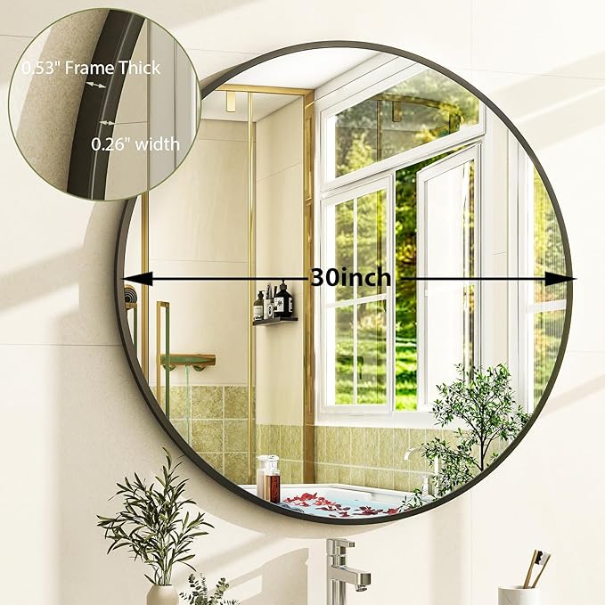 30 Inch Round Bathroom Mirror - Black Wall Mounted Circle Mirror with Metal Frame, Modern Round Hanging Mirror Suitable for Bathroom, Vanity, Entryway, Living Room