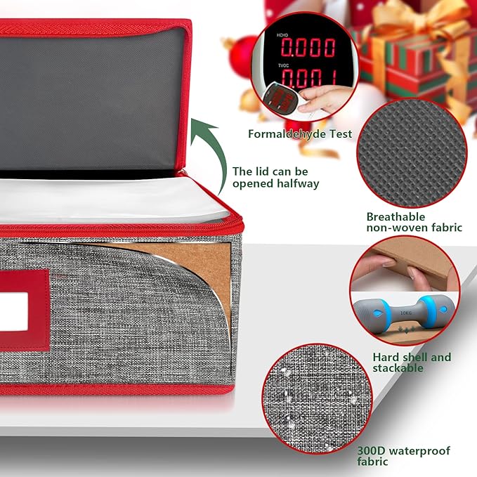 VERONLY Christmas Platter Storage Case - Plate Storage Containers, Stackable China Storage Containers Hard Shell,4 Felt Dividers Included for Dish,Plate, Dinnerware and Transport,Gray and Red