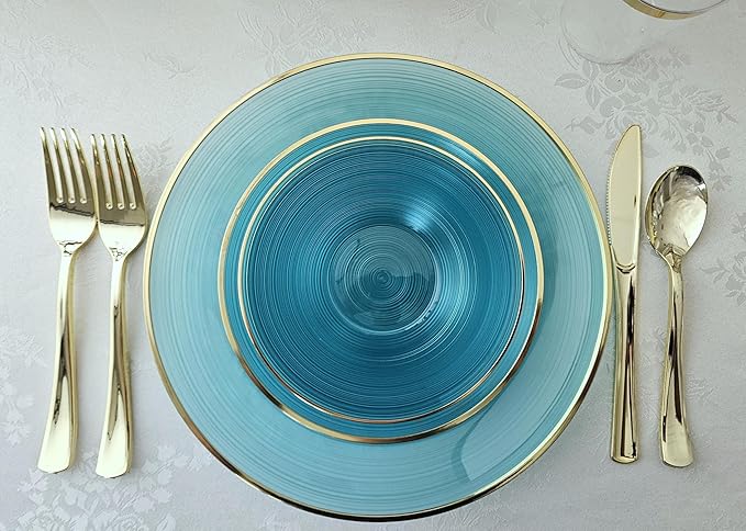 " OCCASIONS " 120 Plates Pack,(60 Guests) Premium Wedding Party Disposable Plastic Plates Set -60 x 10'' Dinner + 60 x 7'' Salad/Dessert (Belize, Aqua & Gold)