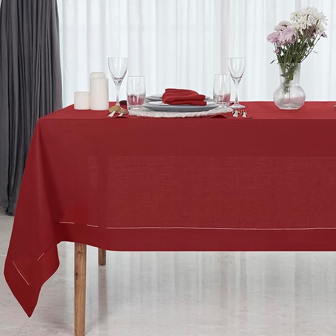 D'Moksha Homes Red Linen Tablecloth 60 x 108 Inch - 100% Pure Linen Red Table Cloth for Rectangle Tables - Classic Hemstitch, Machine Washable Tablecloth for Valentines, Spring