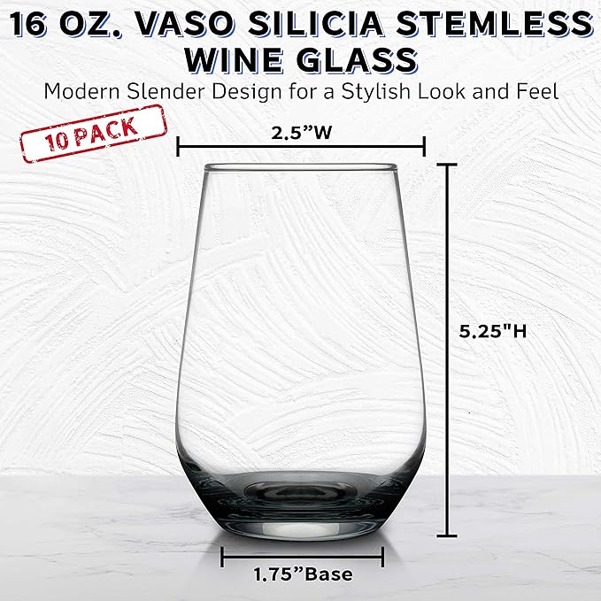 DISCOUNT PROMOS 10 Vaso Silicia Stemless Wine Glasses Set, 16 oz. - Clear, Orb-Like, Thick base - Black