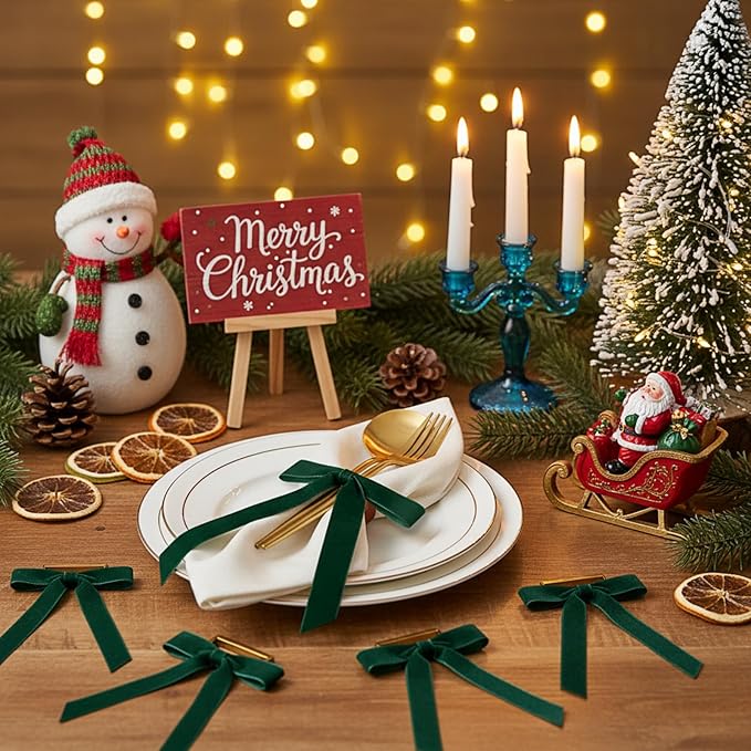 Riceshoot Velvet Bow Napkin Rings Bows with Gold Semicircle Metal Napkin Ring Velvet Bow Holder for Wine Bottles Table Settings Candlestick Wedding Valentine's Day Dinner(Green,12 Pcs)