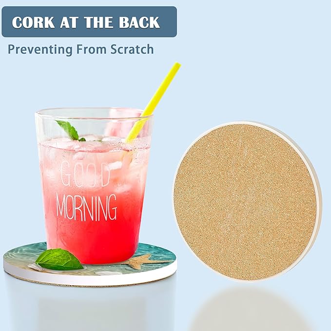 Coasters for Drinks,Starfish and Seashell On Beach Absorbent Coaster Set of 4 with Cork Base,Ceramic Drink Coasters for Cold Drinks Wine Glasses Cups Mugs,Housewarming Gifts for Home Decor