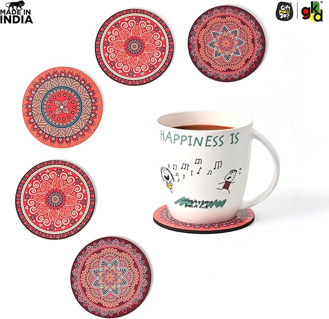 Coaster Set of 6 Fine Mandala Art Wooden Coasters with Proper Coaster Stand Set Fit for Tea Cups, Coffee Mugs and Glasses (3.5 X 3.5 Inch, Fine Mandala Design) Rangoli