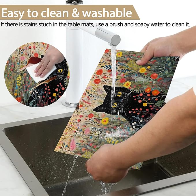 Placemats Set of 6 Cat Flowers Spring Place Mats Washable Kitchen Dining Linen Table Mats Stain Heat, for Home Party Indoor 12x18 in