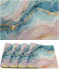 Marble Linen Placemats Set of 4, Modern Luxury Foil Texture Pink Blue Gold Marble Washable Cloth Place Mats, Non-Slip Dining Table Placemats for Home Kitchen Party Banquets Decor 12x17 Inch
