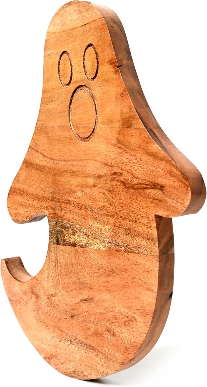 Treen Art Creepy Wooden Halloween Kitchen Cutting Board for Decor, 14"L x 10"W Ghost Butcher Block Piece, Charcuterie Platter for Cheese, fruits and Salad Serving Board