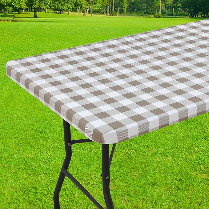 Smiry Rectangle Picnic Table Cloth, Elastic Waterproof Fitted Vinyl Tablecloths, Flannel Backed Buffalo Plaid Table Covers for Dining, Camping, Outdoor (White and Khaki, 30" x 48")