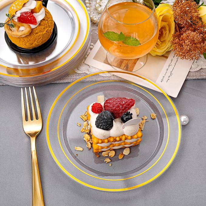 I00000 60PCS Clear Gold Dessert Plates, Clear Plastic Plates with Gold Rim 7 Inch, Fancy Disposable Wedding Plate Heavy Duty for Birthday, Wedding & Party