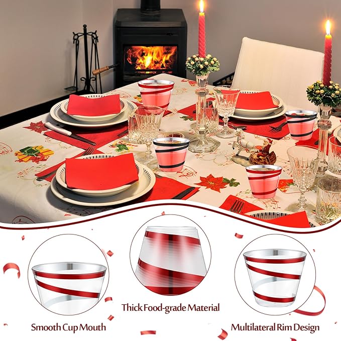 Gejoy 9 oz Rimmed Swirl Plastic Cups Disposable Wine Drinking Cups Clear Elegant Halloween Tumblers for Christmas Party Supplies(Red, Black,100 Pcs)