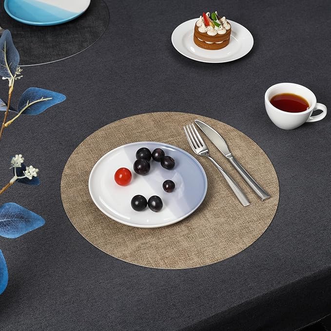 Myir JUN Round Placemats Dual Sided, Faux Leather Place Mats Set of 6 Indoor Placemat for Dining Table Outdoor Place Mat Non-Slip Washable Table Mats (Gray Beige, Set of 6)
