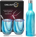 CHILLOUT LIFE 12 oz Stainless Steel Wine Tumblers 2 Pack & 1 Insulated Wine Bottle - Double Wall Vacuum Insulated Wine Glasses Cups with Lids and Straws Set Keeping Cold & Hot Gift Set