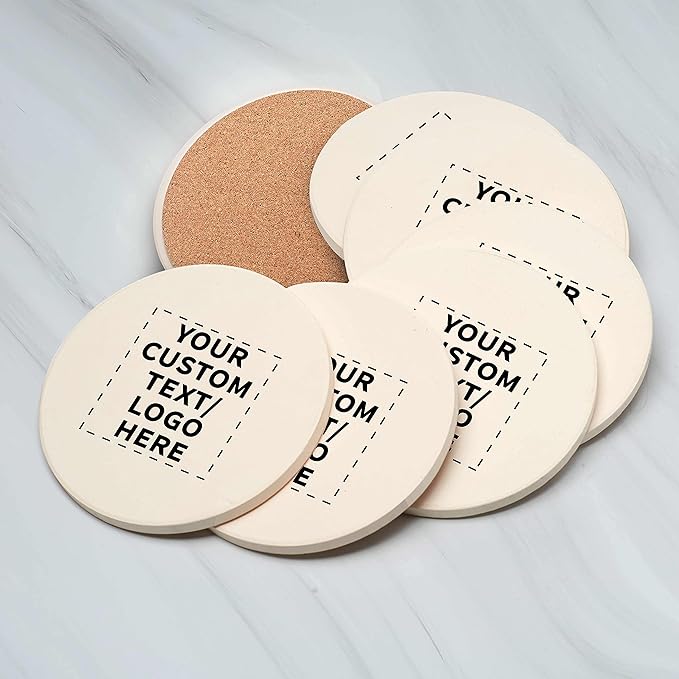 DISCOUNT PROMOS Custom Ceramic Coasters Set of 10, Personalized Bulk Pack - 4 Inches with Cork Bottom Pad, Perfect for Hotel, Bar, Restaurant - Natural