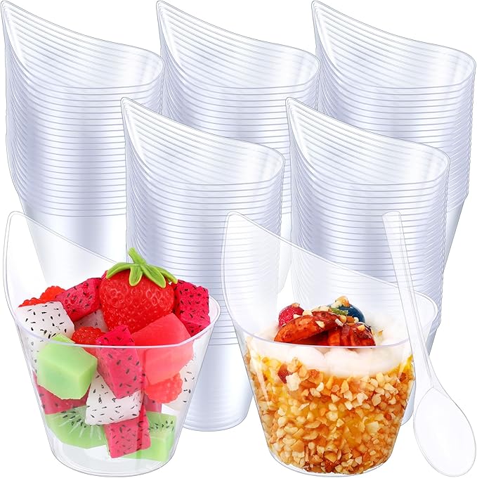 200 Pack Clear Plastic Dessert Cups with Tasting Spoons, Appetizer Cups Yogurt Parfait Bowls with Spoons for Party Supplies Catering Chocolate Desserts Buffet Food Display (7 oz)