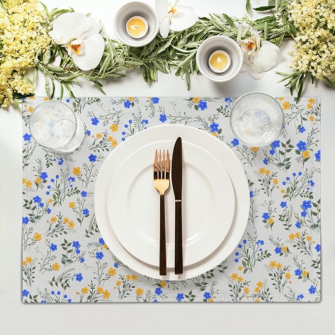Spring Summer Placemats - Blue Yellow Floral Place Mats Set of 4 Botanical Flower Tablemats 12x18 for Party Kitchen Dining Farmhouse